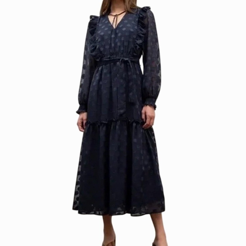 Moon River Navy Polka Dot Midi Dress Small Sheer Long Sleeve Ruffle Tie Belt